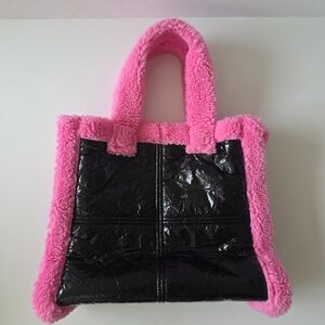 Stand Studio Pink Shearling Tote Bag Black Patent Trim Lolita Shopper Statement